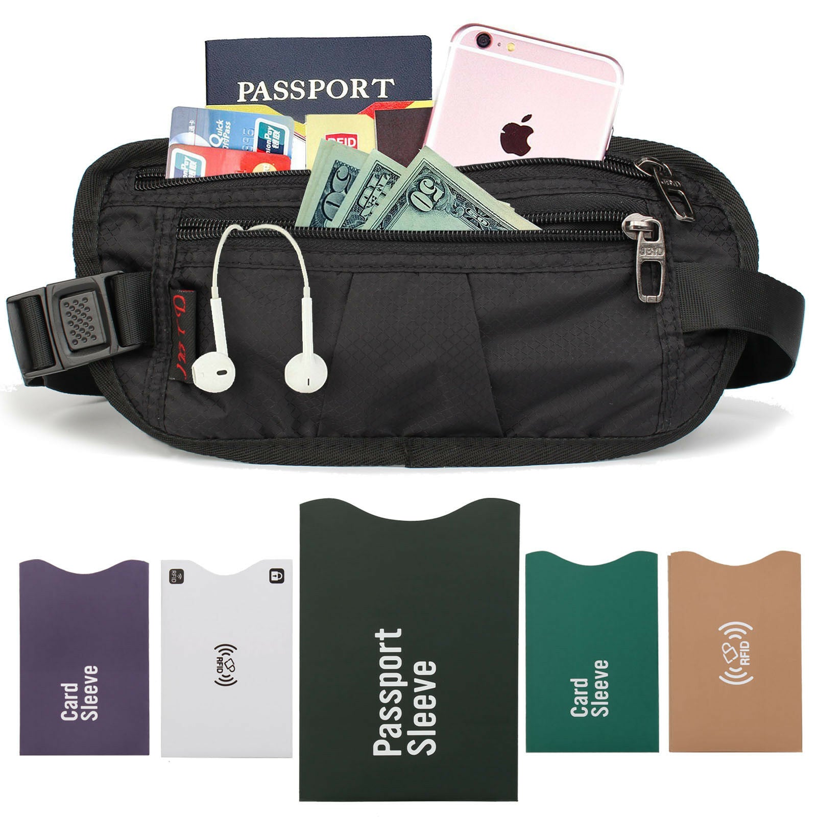 Safe Travel Money Belt, Undercover Hidden RFID Blocking Travel Wallet,  Unisex black